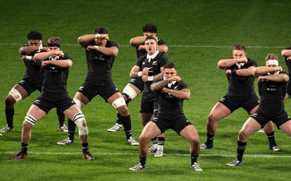 TJ Perenara, centre, leads the All Blacks haka ahead of their rugby test against Italy in Turin. November 2024.