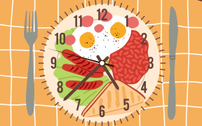 Meal time. Daily Nutrition balance, plate of food in form of clock top view, knife and fork, healthy lifestyle proper nutrition, meal schedule, control calories, vector cartoon flat isolated concept