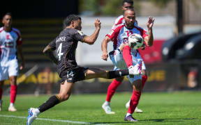 South Island United's Dauntae Mariner and Tahiti United's Teaonui Tehau contest for the ball OFC Pro League 2026, Tahiti United v South Island United, Olympic Park Melbourne, Saturday 21 February 2026. Photo: Asanka Brendon Ratnayake / www.phototek.nz