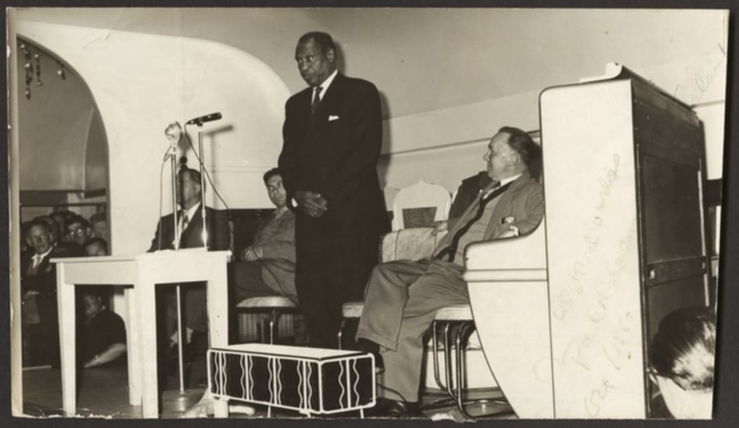 Paul Robeson speaking at the Addington railway workshops in October 1960