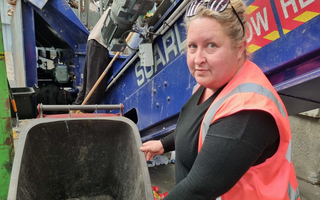 Te Awamutu recycling plant Contracts Co-ordinator Angela Hill looks at some of the incorrect items coming in through the recycling.