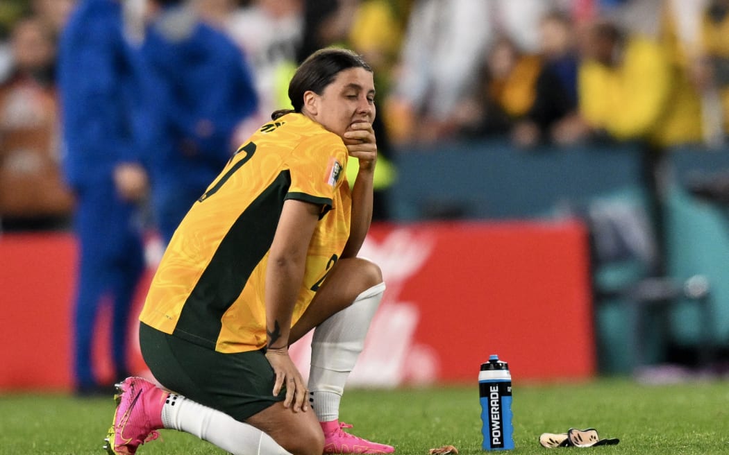 Australia's forward Sam Kerr reacts after being defeated by England in the 2023 Women's World Cup semifinal in Sydney.