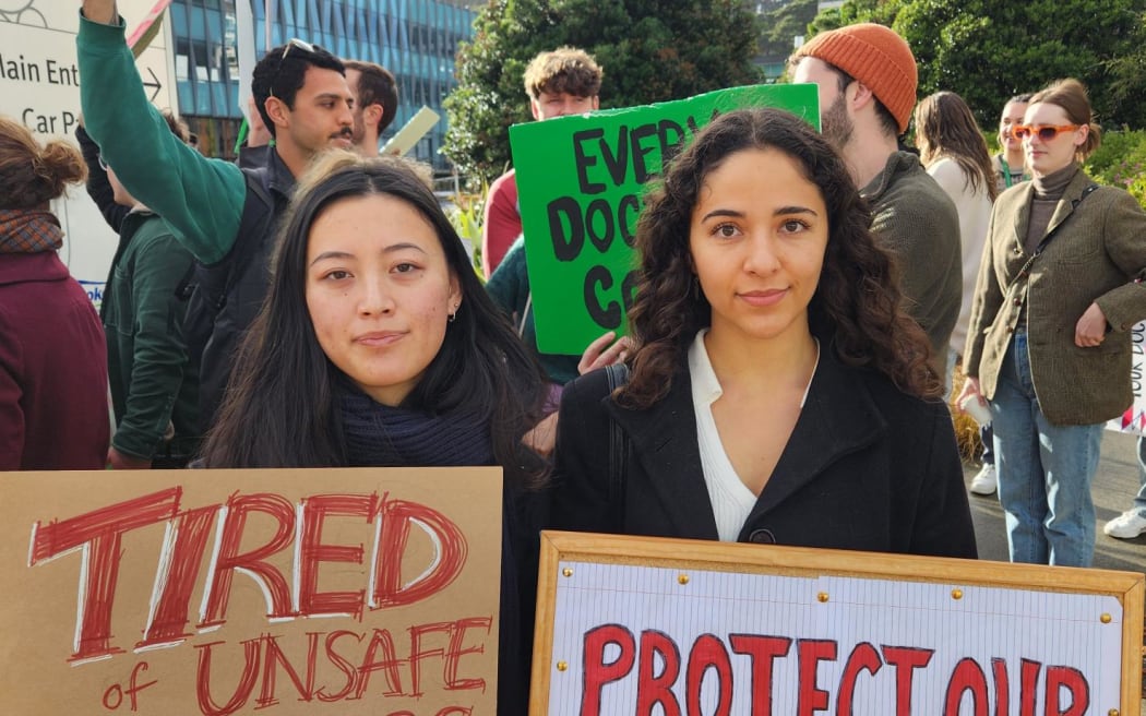 Charlotte Su (left) and Amy Miles, at Wellington Hospital, take part in strike action on 16 May, 2024.