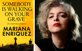 A yellow book cover for 'Somebody is Walking on Your Grave: My cemetery journeys' by Mariana Enriquez. Black silhouettes of a grassy hill with tombstones against the yellow background. A photo of Mariana, with short blonde hair and red lipstick, is beside it.