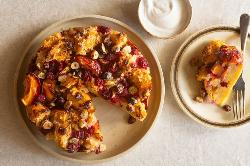 Roasted Nectarine & Raspberry Bread & Butter Pudding Cake