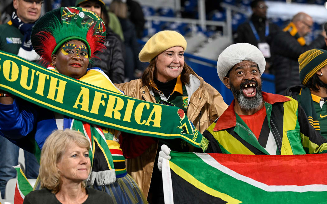 Rugby fans at the All Blacks v South Africa Rugby World Cup final match at Stade de France in Saint-Denis on 29 October, 2023.