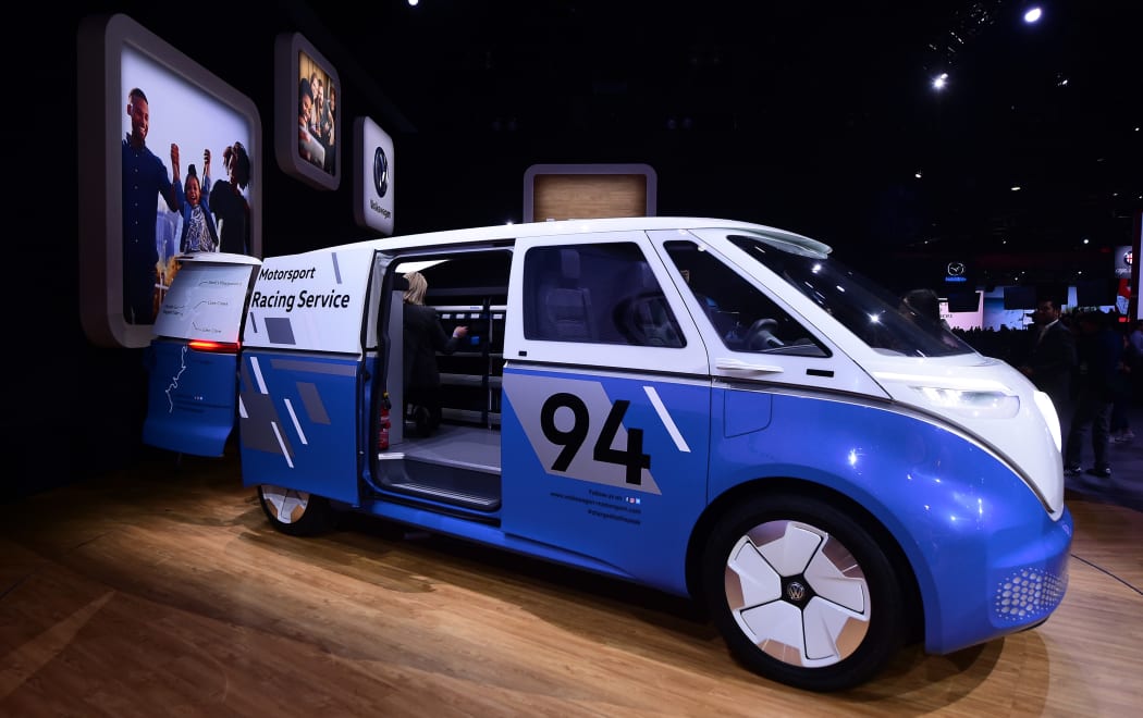 Volkswagen's new Bus, an Electric Vehicle, on display in Los Angeles, California on November 28, 2018 at Automobility LA.