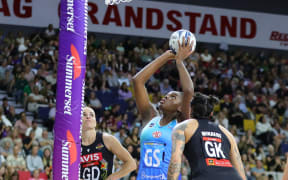 Grace Nweke of the Mystics during the ANZ Netball Premiership round 6 match between the Magic in Rotorua.