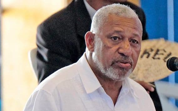 Fiji's Prime Minister Frank Bainimarama speaking to disciplined forces in January 2016