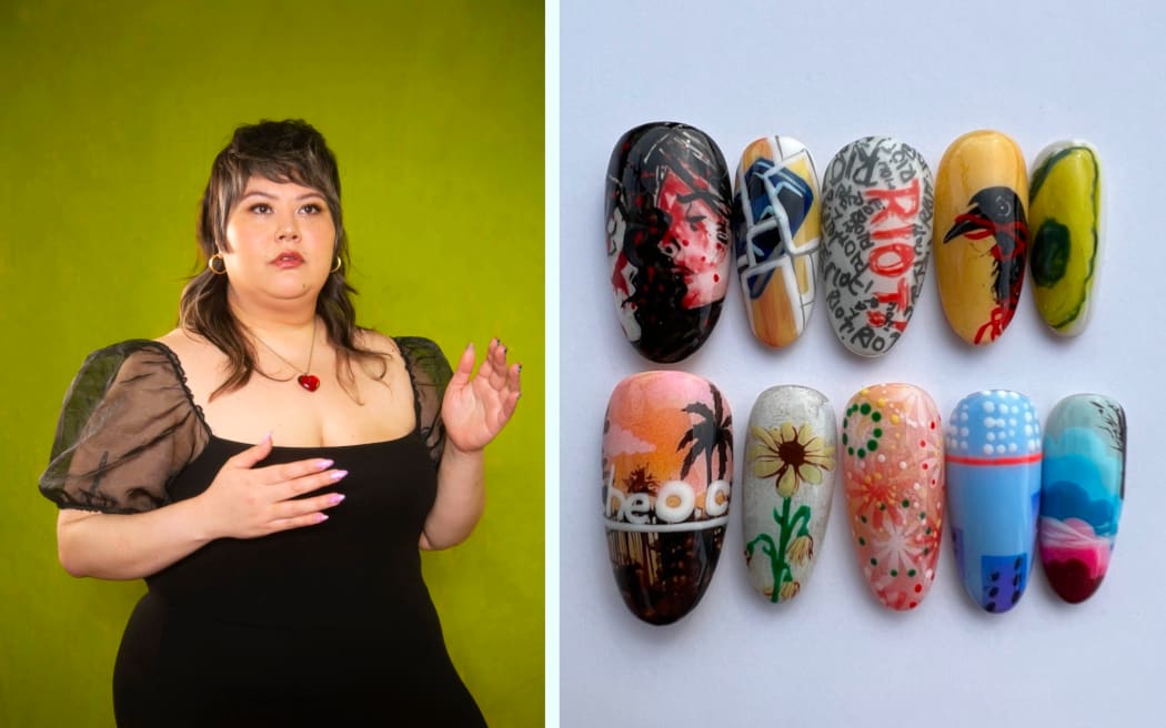 A composite image showing Tanya Barlow on the left and a selection of her nail art on the right. Tanya poses with her hands up around her to show off her nails. She wears a black dress and a heart necklace.