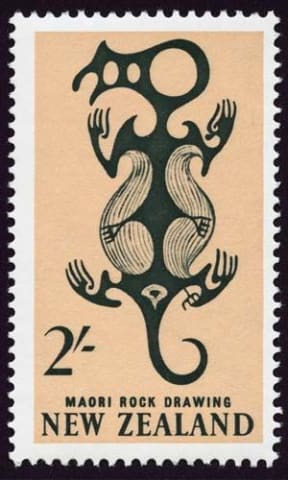 Issued in 1960, this stamp features a taniwha design based on the cave drawing known as the Ōpihi taniwha.