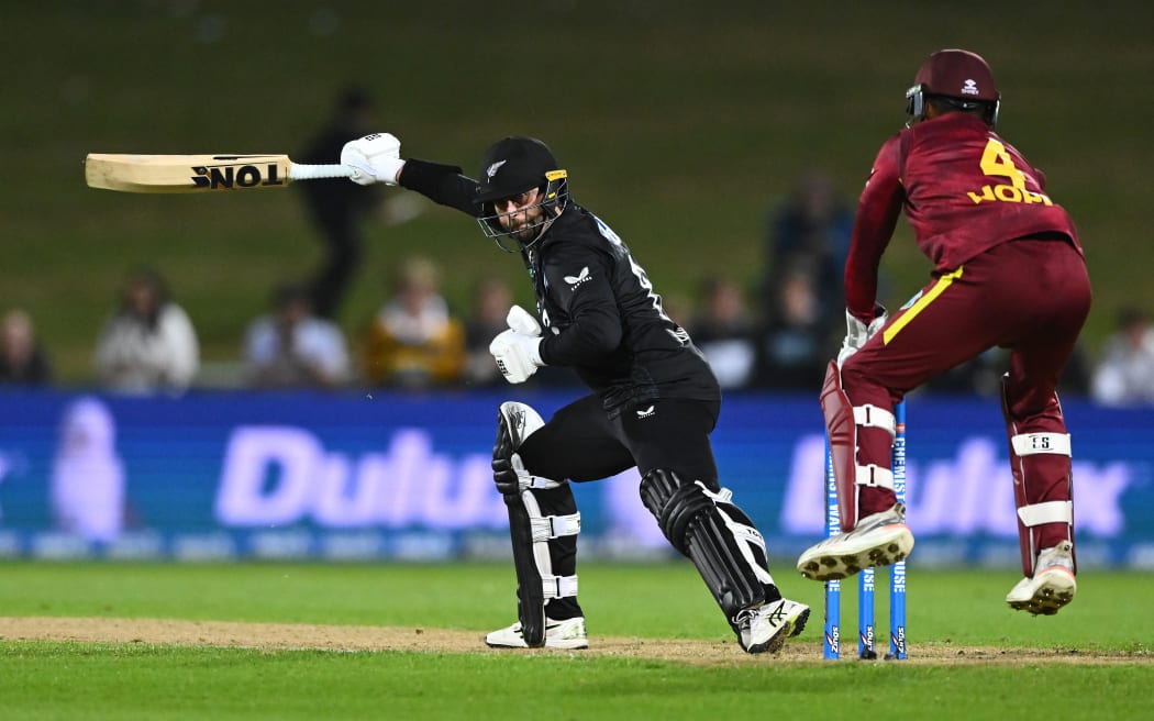 Devon Conway of New Zealand in action against the West Indies, 2025.
