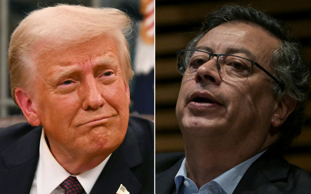 This combination of pictures created on January 26, 2025 shows US President Donald Trump in the Oval Office of the White House in Washington, DC, on January 20, 2025 and Colombian President Gustavo Petro in Mexico City on September 30, 2024.