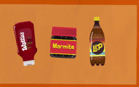 An illustration of a Watties tomato sauce bottle, a jar of Marmite and a bottle of L&P softdrink.
