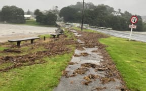 Debris left by the high tide rising above the shoreline in Tairua on 12 February, 2023, as sea surges from Cyclone Gabrielle begin to be seen.