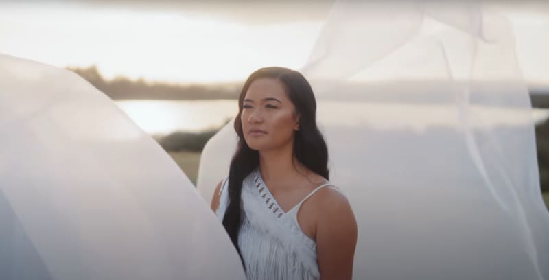 Hana-Rawhiti Maipi-Clarke wears Maori designer Kiri Nathan in the music video for Stan Walker's 'Mō Āke Tonu.'