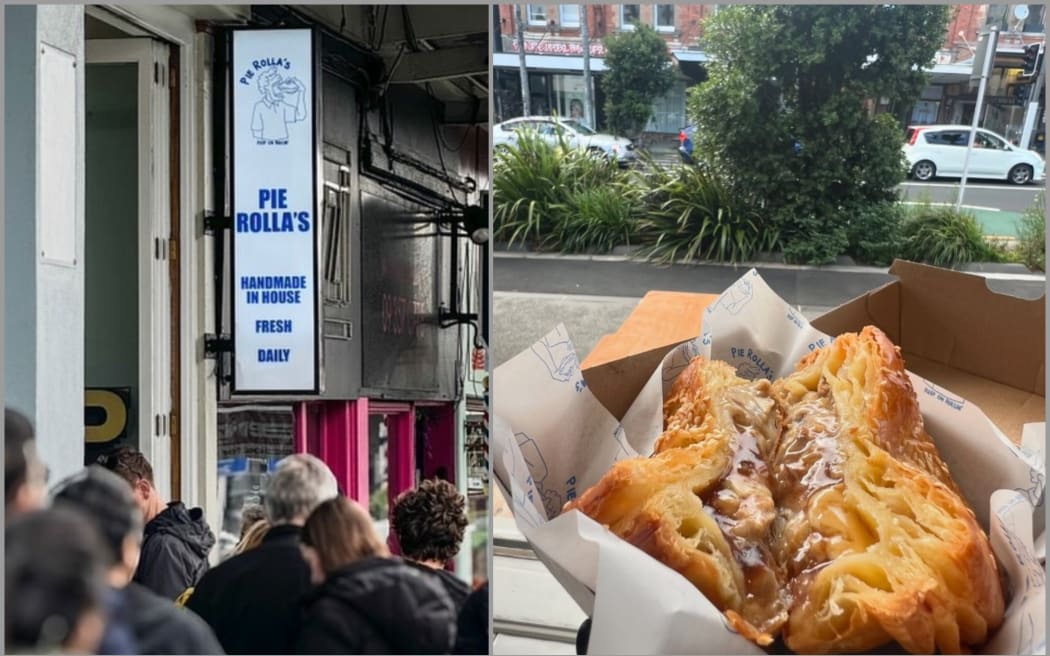 Images of people queuing for Pie Rolla's and another of one of their pies.