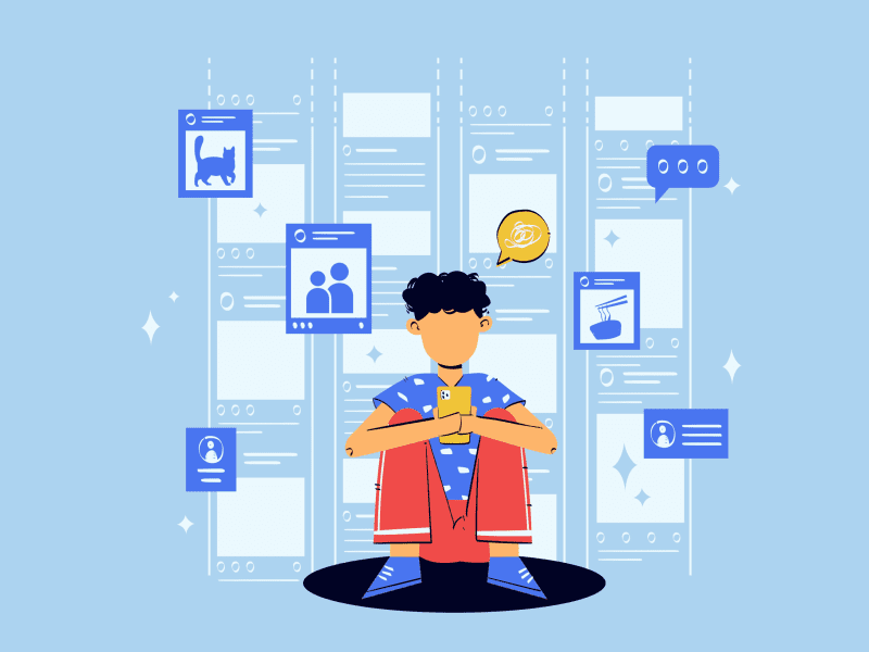 An illustration of a person sitting down and using their phone for social media.