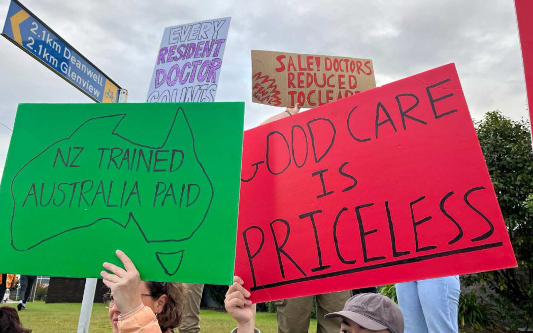Junior doctors picketing outside the Waikato Hospital campus on Tuesday morning.