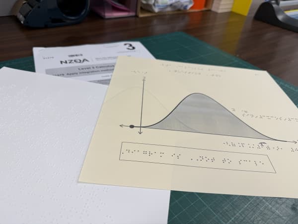 NCEA exam papers for calculus in the original format and Braille transcription.