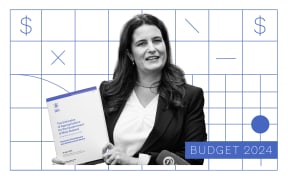 Budget 2024: Composite of Nicola Willis holding Budget 2024 and maths paper background