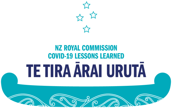 A logo for the Covid-19 Inquiry. It features a blue waka with koru designs through it. Above the waka are the words "NZ ROYAL COMMISSION - COVID-19 LESSONS LEARNED - TE TIRA ĀRAI URUTĀ", and above that is four stars representing the Southern Cross.