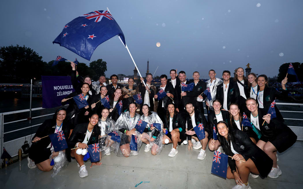New Zealand athletes on the team boat during the opening ceremony for the Olympic Games in Paris.
