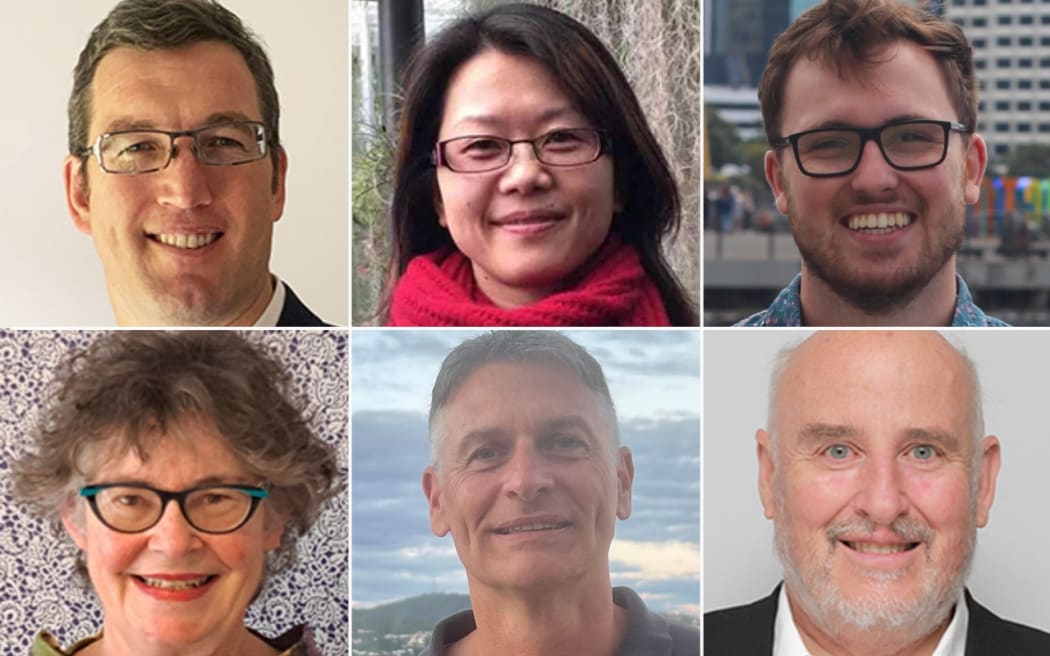 Pukehīnau / Lambton General Ward by-election candidates, clockwise from top left, Edward Griffiths, Joan Shi, Geordie Rogers, Peter Wakeman, Karl Tiefenbacher, and Ellen Blake.
