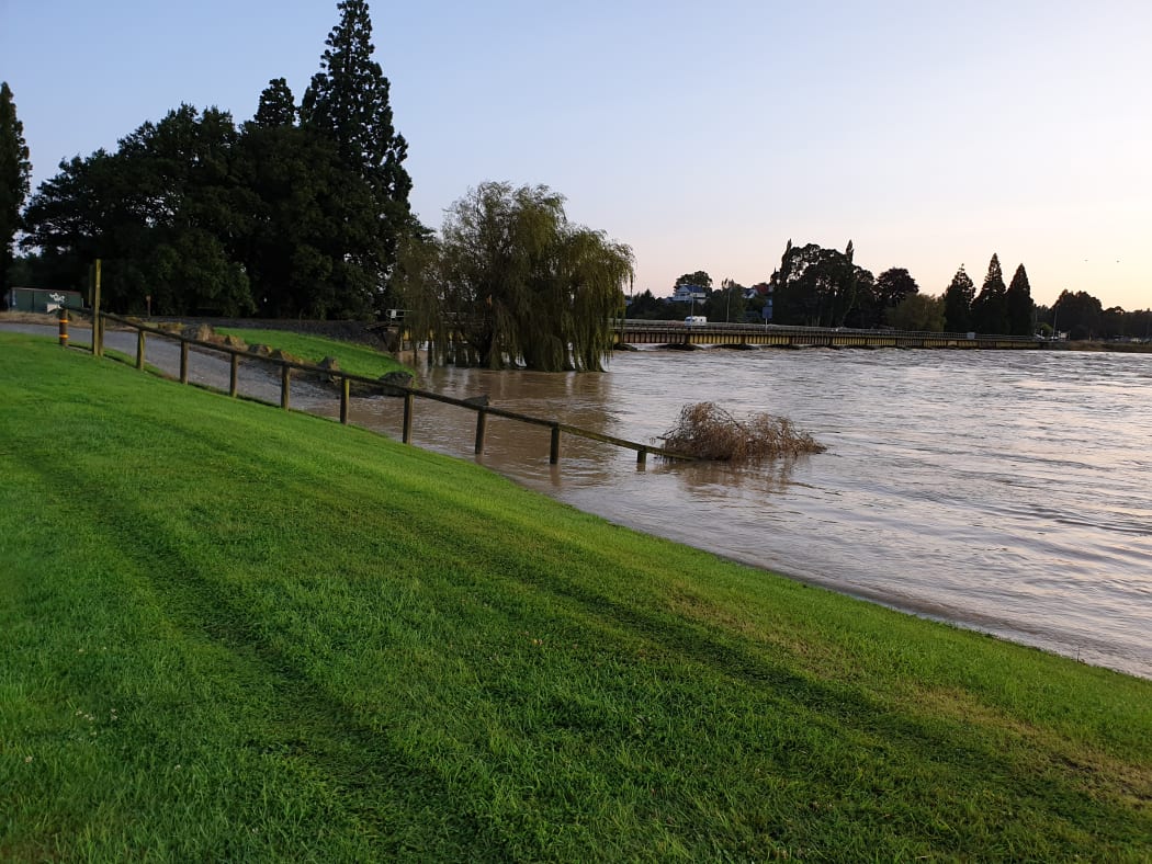 The Mataura River in Gore on Wednesday morning. It's very high with brown water.