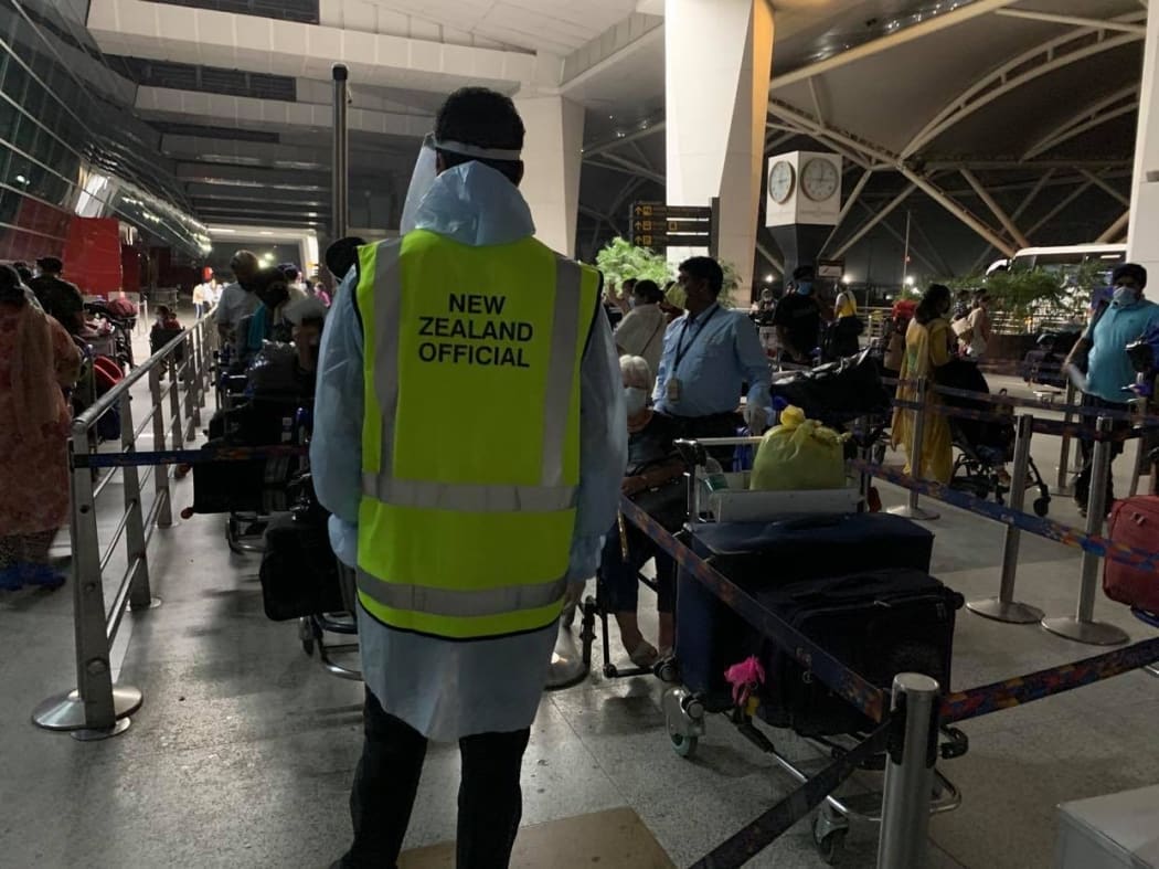 New Zealanders line up for the repatriation flight from New Delhi, India on 24 April, 2020.
