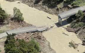 A damaged bridge seen during a flight over Gisborne after Cyclone Gabrielle.