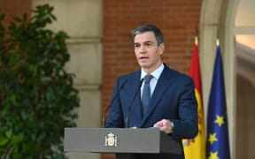 Spain's Prime Minister Pedro Sanchez delivers a speech over the recognition of Palestinian statehood by Spain, at La Moncloa Palace in Madrid, on May 28, 2024. Spain, Ireland and Norway are formally recognising a Palestinian state on May 28, 2024.