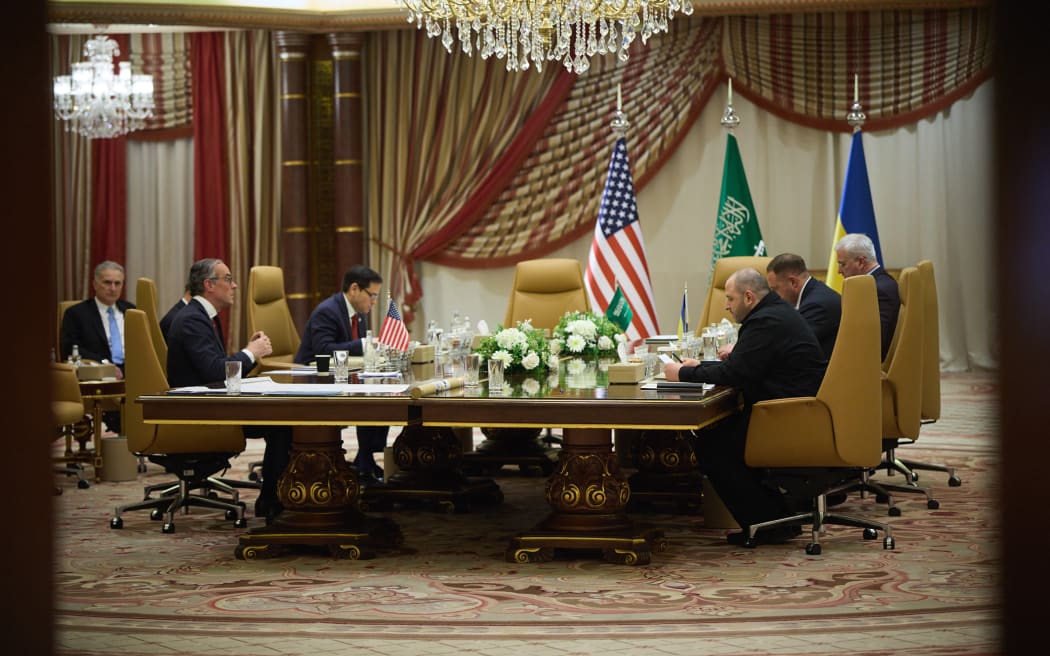 This handout photograph taken and released by Ukrainian Presidential Press Service on March 11, 2025, shows US Secretary of State Marco Rubio (3rd L), Ukrainian Head of Presidential Office Andriy Yermak (2nd R), Ukraine's Foreign Affairs Minister Andrii Sybiha (R) and Ukraine's Minister of Defence Rustem Umerov (3rd R) as they attend the Ukrainian and US delegations meeting in Jeddah, amid the Russian invasion of Ukraine.