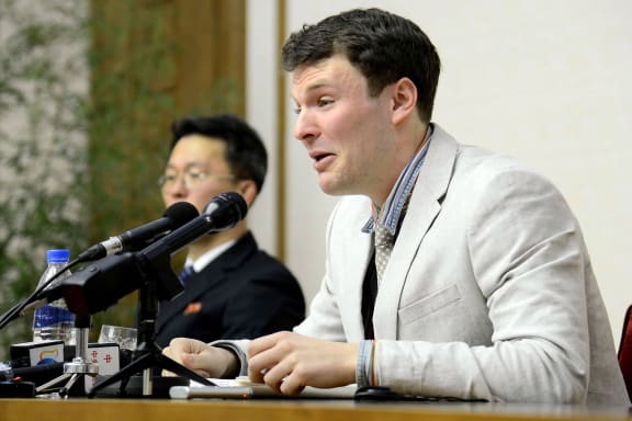 An image released by North Korea's official news agency of US student Otto Warmbier at a media conference in Pyongyang in February 2016.