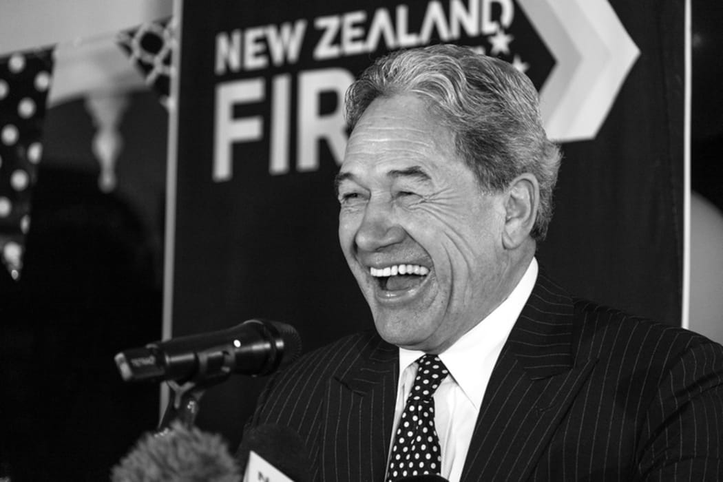 Winston Peters speaks with media and guests at the New Zealand First election party held in Russell on Saturday.