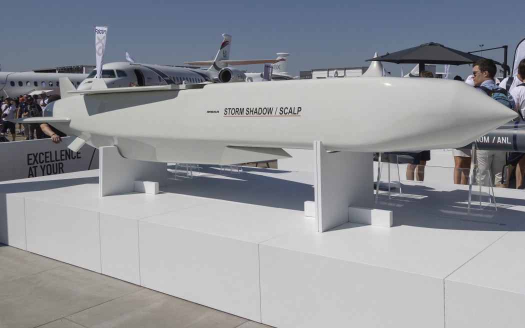 A SCALP EG / STORM SHADOW low-observable, long-range air-launched cruise missile, an air to surface weapon from the European manufacturer MBDA at the company's booth at International Paris Air Show 2023 in Le Bourget Airport. The SCALP-EG long Range Autonomous Cruise Missile System carries a warhead with a unit cost around 2.500.000 USD. Paris, France on June 2023 (Photo by Nicolas Economou/NurPhoto) (Photo by Nicolas Economou / NurPhoto / NurPhoto via AFP)