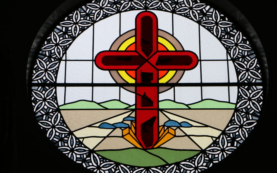 A stained glass window above the entrance to the Samoan Methodist Church in Levin.