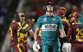 New Zealand's Finn Allen reacts after he was dismissed.