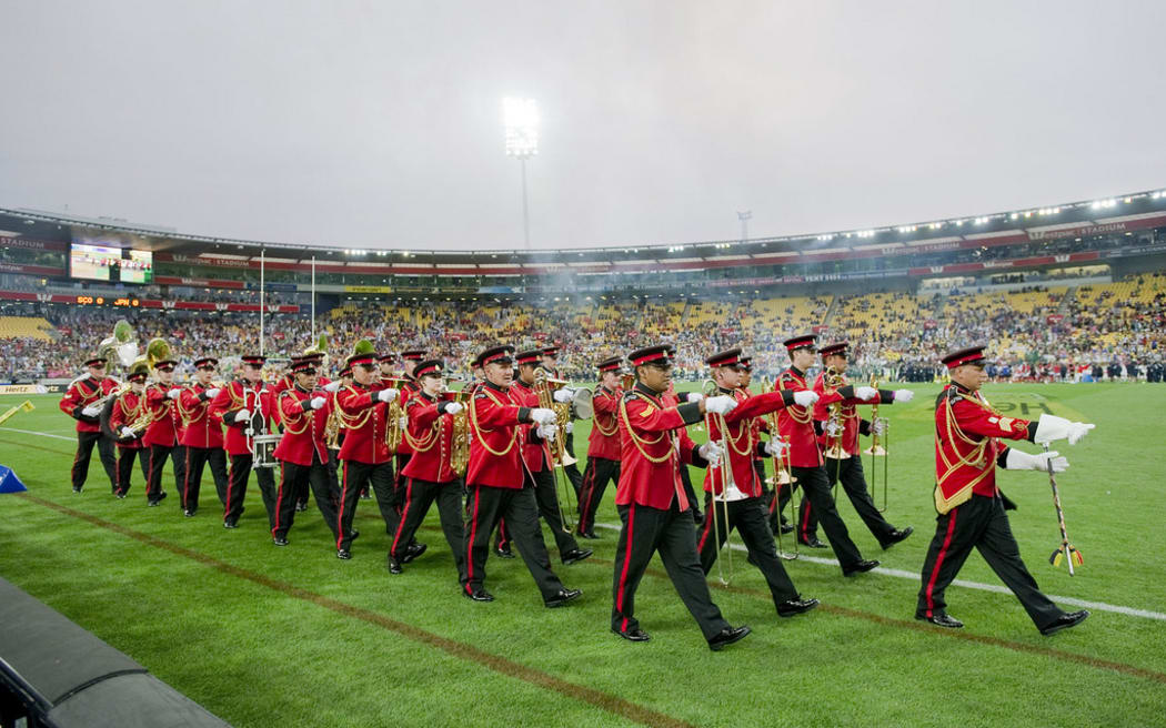 NZ Army Band performs at a Rugby Sevens tournament, Westpac Stadium, Wellington, 2012.
