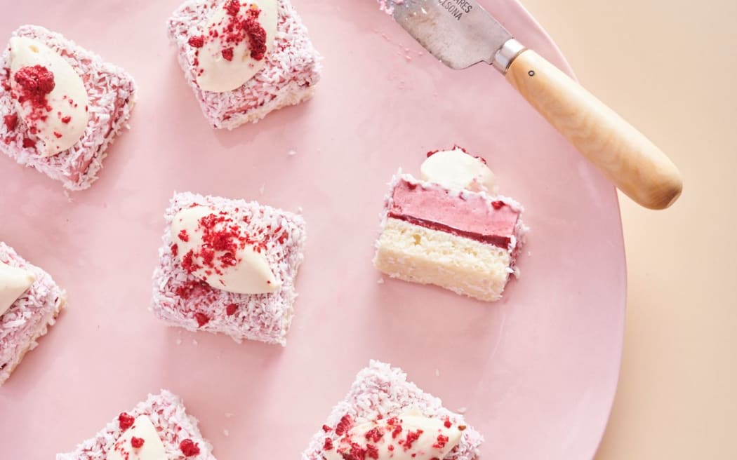 Maxine Schekter's lamington-inspired gateaux: coconut cake, raspberry compote, mousse, and coconut ganache