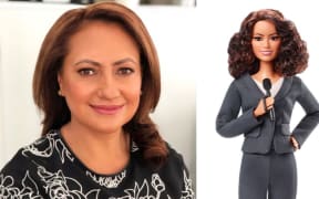 Sports presenter Melodie Robinson and the Barbie doll made in her likeness.