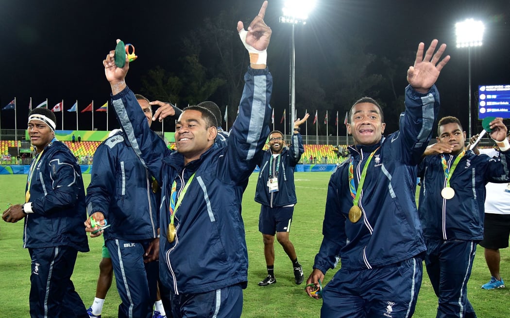 Fiji celebrate their Sevens victory at the Rio Olympics.