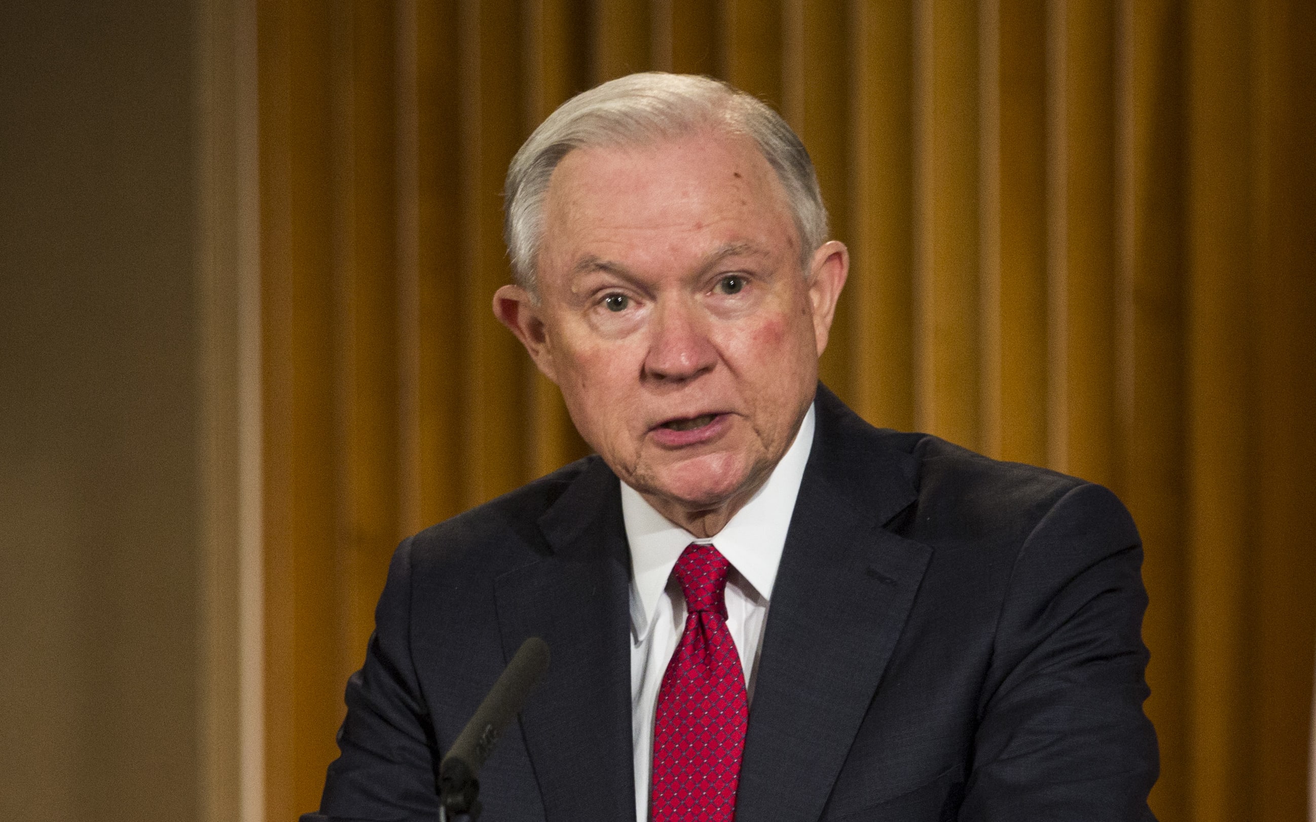 US Attorney General Jeff Sessions speaking at the Department of Justice, 28 February.