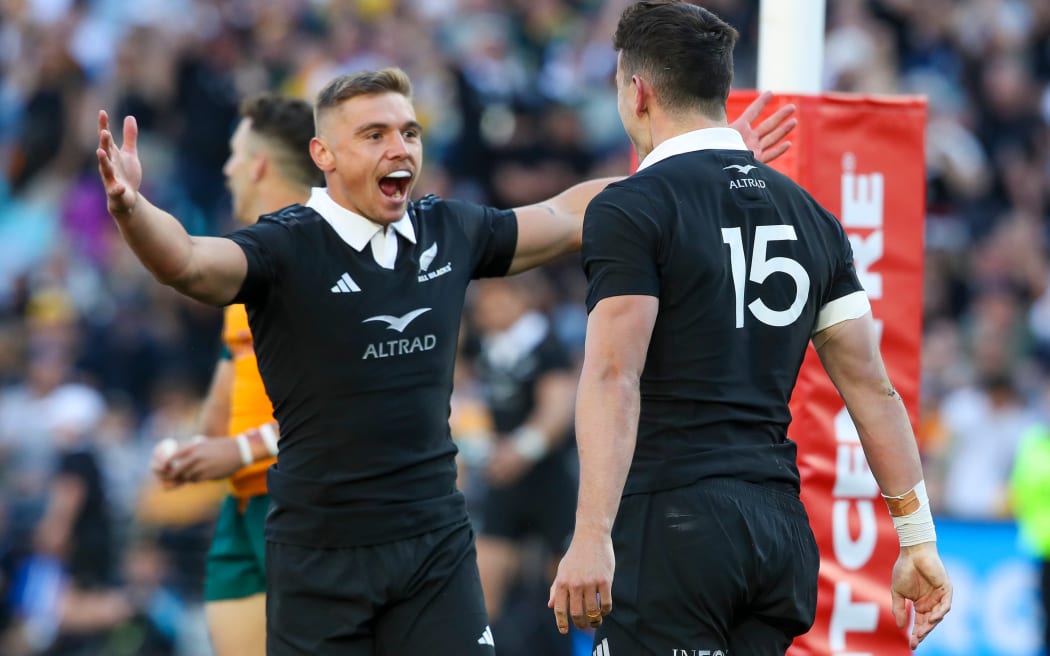 Will Jordan celebrates with Cortez Ratima after scoring. Wallabies v New Zealand All Blacks, 2024  Rugby Championship and Bledisloe Cup test match,  Accor Stadium, NSW, Australia, Saturday 21st September 2024, Copyright Photo: David Neilson / www.photosport.nz