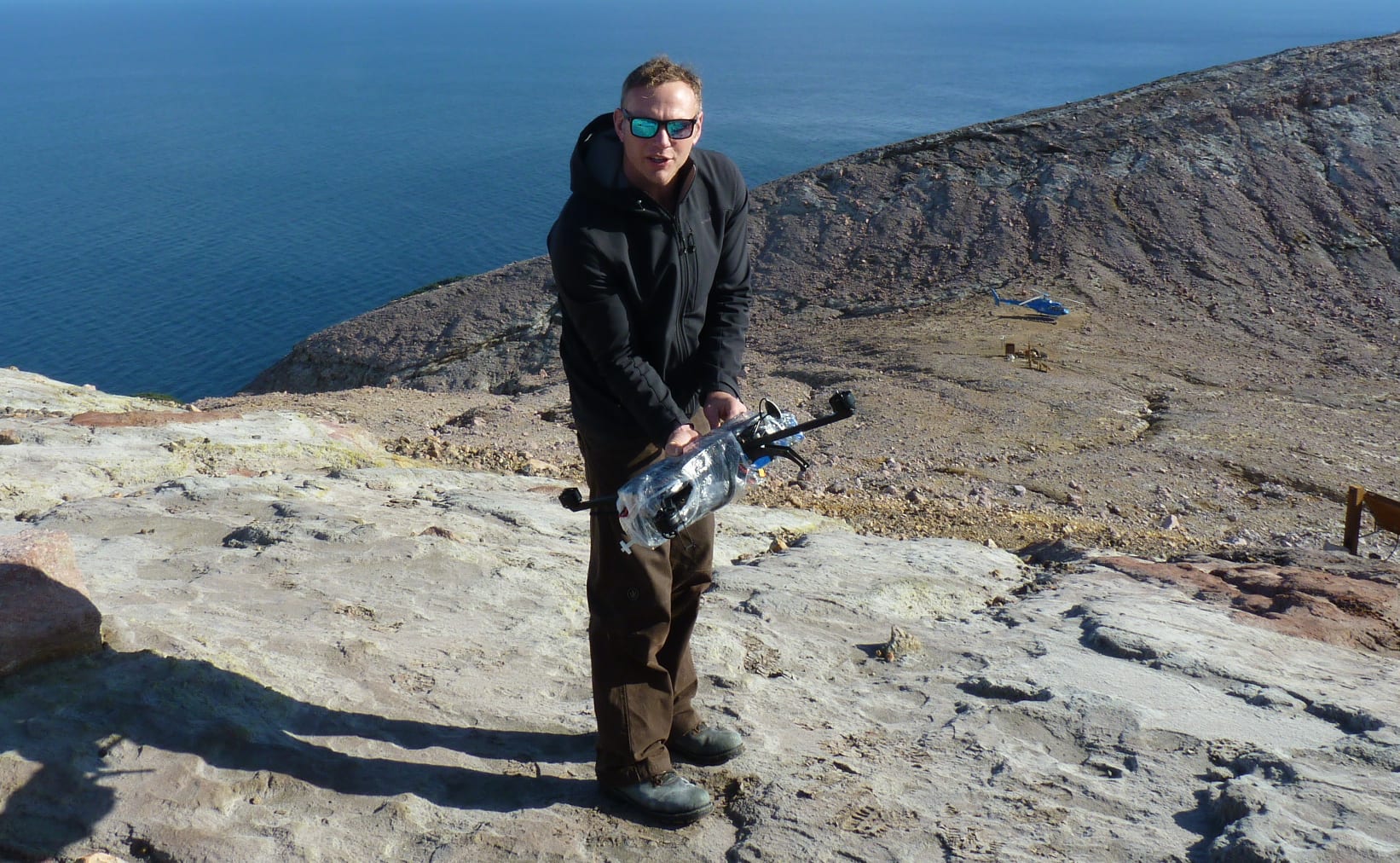 Ian Schipper trialling an early prototype of the drone on White Island.
