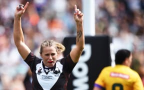 Tasha Davies celebrates her try for the Kiwi Ferns Nines against Australia at the Auckland NRL Nines at Eden Park, Sunday 7 February 2016. Copyright photo: Andrew Cornaga / www.photosport.nz