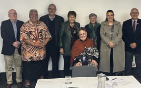 Oranga Tamariki Ministerial Advisory Board members: Chris Graveson, Alfred Filipaina, Tā Mark Solomon, Dame Naida Glavish, Dr Ruth Jones, Shannon Pakura, Minister for Children Karen Chhour, and Oranga Tamariki Pou Tikanga Doug Hauraki.