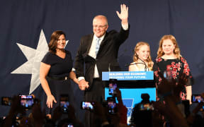 Australia's newly-elected Prime Minister Scott Morrison arrives to deliver a victory speech with his family after winning the Australia's general election in Sydney.