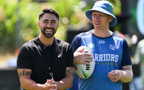 Shaun Johnson and head coach Andrew Webster. New Zealand Warriors pre-season NRL rugby league training at Go Media Stadium, Auckland, New Zealand.