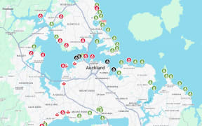 Dozens of beaches around Auckland have been put on high alert (denoted by red icons) due to high levels of faecal bacteria. The black icons show beaches that have been closed.